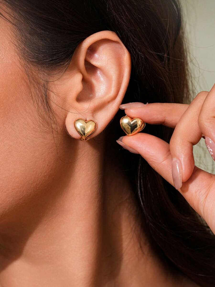 2 件/1 套爱心耳环心形镀金铜耳环适合女士日常佩戴 - 金色 - 查看 1