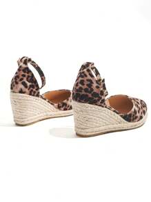 女士时尚坡跟鞋，针织封闭式鞋头，交叉松紧带细节 - 豹紋 - 查看 5