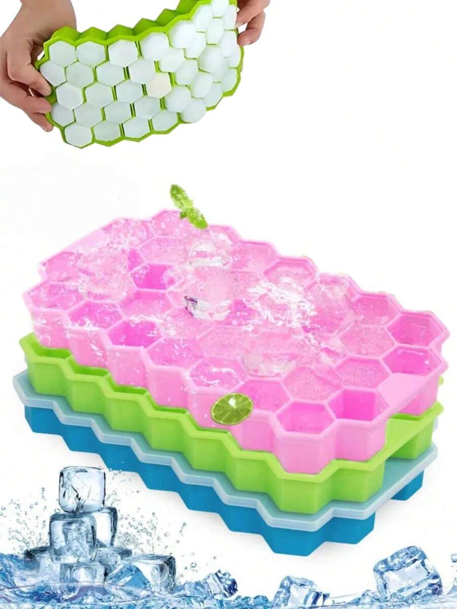 1/2/4pcs Silicone Honeycomb Ice Cube Trays, Easy Release & Flexible Molds, 37 Cavities 4 Color Mix With Anti-Spill Removable Lid, Stackable Ice Tray With Lid, Kitchen Accessories, Kitchen Gadget - Honeycomb Ice Mold - View 1