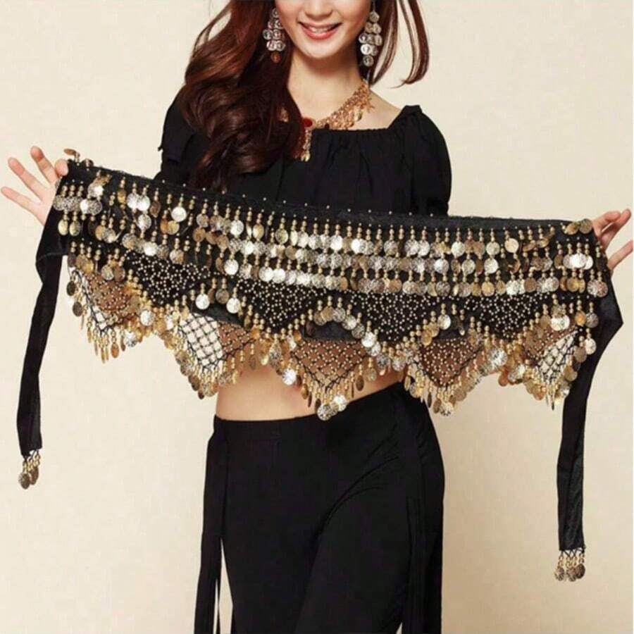 Outfits Belly Dance Glitter Sequins Tassel Skirts, Fashionable Dancing Waist Belt Skirts For Bellydance