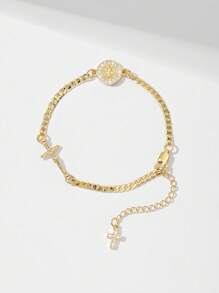 1pc Classic Fashion Micro-Inlaid Cubic Zirconia Copper Chain, Gold Plated, Multi-Layer Floral Embossed Catholic Saint Benedict & Jesus Cross Charm Bracelet, Suitable Gift For Mother/Valentine's Day/Couples/Sisters/Friends/Believers, For Daily Use & Prayers