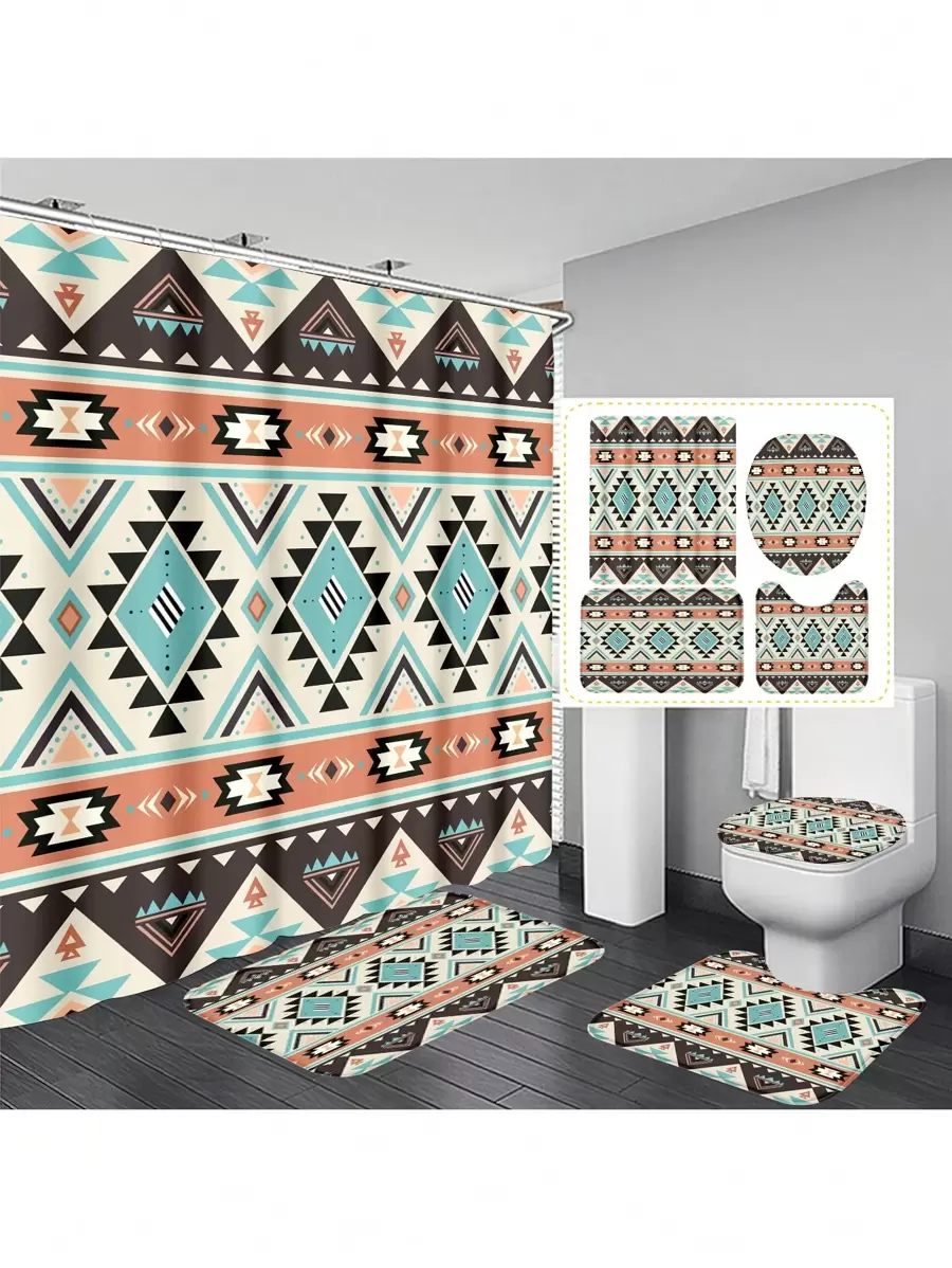 1 件/4 件条纹多功能浴室装饰：带 12 个挂钩的防水浴帘、防滑浴垫、U 型马桶垫和圆形马桶盖，适合全场景使用的浴室套装