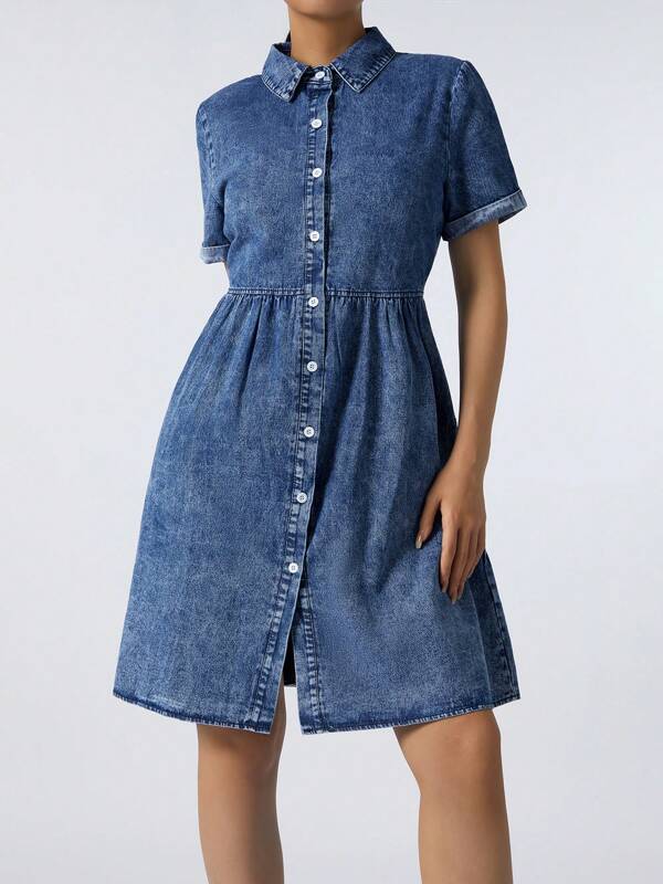 Women's Short Sleeve Buttons Denim Shirt Dress Casual Lapel A-Line Tunic Jean Dress