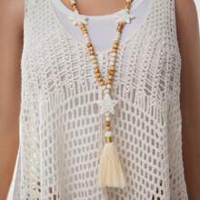 1 件女式星形木珠流苏长毛衣链项链，时尚百搭吊坠（随机星星/珠子纹理）