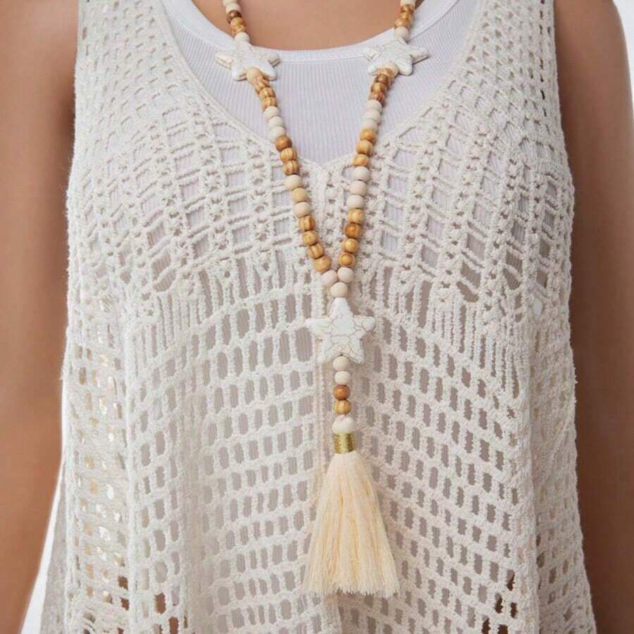 1 件女式星形木珠流苏长毛衣链项链，时尚百搭吊坠（随机星星/珠子纹理）