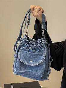 Prosta torba na ramię dla studentki, duża pojemność, styl vintage niebieski, zniszczony. Luźna torba typu crossbody, swobodny materiał jeansów spranych wodą, kieszeń boczna, styl college'u, torba szkolna, do codziennego użytku dla kobiet, dojazdy do pracy. Nadaje się do szkoły, wyjścia, podróży