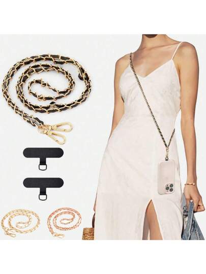 NYXIA Uniwersalny metalowy łańcuszek do telefonu komórkowego, antykradzieżowy pasek na ramię, kompatybilny z iPhone'em 16 15 i większością smartfonów, uchwyt na telefon komórkowy na szyję dla kobiet, złoty, czarny i różowy smycz