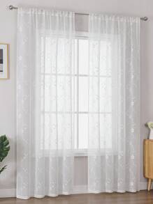 1 Stück weißer transparenter Vorhang mit Weinblatt- und kleinen Blumenmustern, floral bestickter Vorhang geeignet für Schlafzimmer/Wohnzimmer/Esszimmer/Stangendesign, herbstliche Heimdekoration eleganter Wohnzimmer-Vorhang/Schlafzimmer-Vorhang - Weiss - Übersicht 4