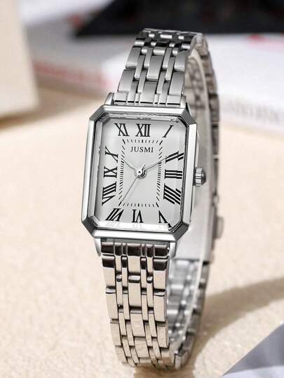 1pc/Set Stylish Rectangular Dial Stainless Steel Strap Quartz Watch, Birthday Halloween Singles Day Teenagers