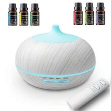 6 Oils + Diffuser Bundle  550ml Wood Texture Essential Oil Diffuser With Remote, 7-Color Mood Lig