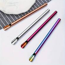 Jokipvy 5pcs Stainless Steel Straws With 1pc Cleaning Brush & Storage Pouch, 2-In-1 Straw And Spoon, Reusable Straight Drinking Straws For Bubble Tea, Milkshakes, Juice, Cocktails, Kitchen, Party, Bar Accessories