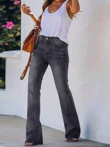 Women's Fashionable Versatile Washed Slant Pockets Flare Leg Jeans