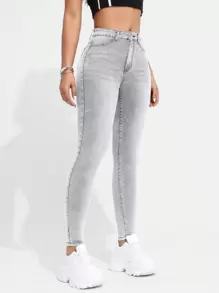 High Waist Skinny Jeans, Single-Breasted Button Skinny Jeans, High Elasticity, Denim Jeans And Women's Clothing - 灰色 - 查看 1