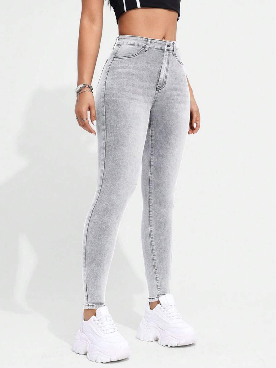 High Waist Skinny Jeans, Single-Breasted Button Skinny Jeans, High Elasticity, Denim Jeans And Women's Clothing - 灰色 - 查看 1