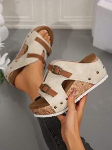 Sandali con tacco platform e plateau in stile vintage europeo e americano con doppia fibbia, tomaia bicolore, adatti per uso casual, all'aperto e per feste, con punta aperta, leggeri e comodi, colore beige, scarpe estive da spiaggia - Beige - Visualizzare 1