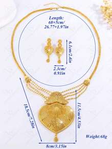 New Fashion Women Sweater Chain Dubai Gold Plated Long Necklace, Hollow Flower Copper Earrings, Gold Bead Chain Jewelry Set For Party Dress