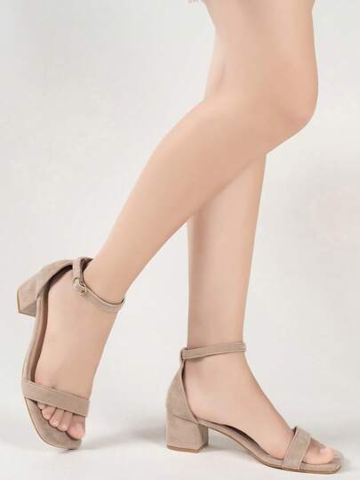 Stylish Essentials For Teens! Beige Suede-Like Material Sandals, Dual-Strap Minimalist Design, Chunky Heel Stable And Comfortable, Easy One-Buckle Fastening