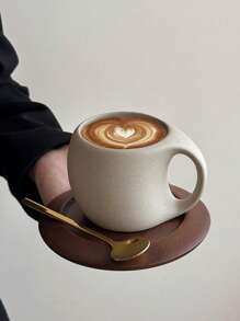 1 套复古陶瓷咖啡杯碟，配木杯垫和金属勺，手工乡村陶器设计，个性化情侣咖啡杯套装，重返校园