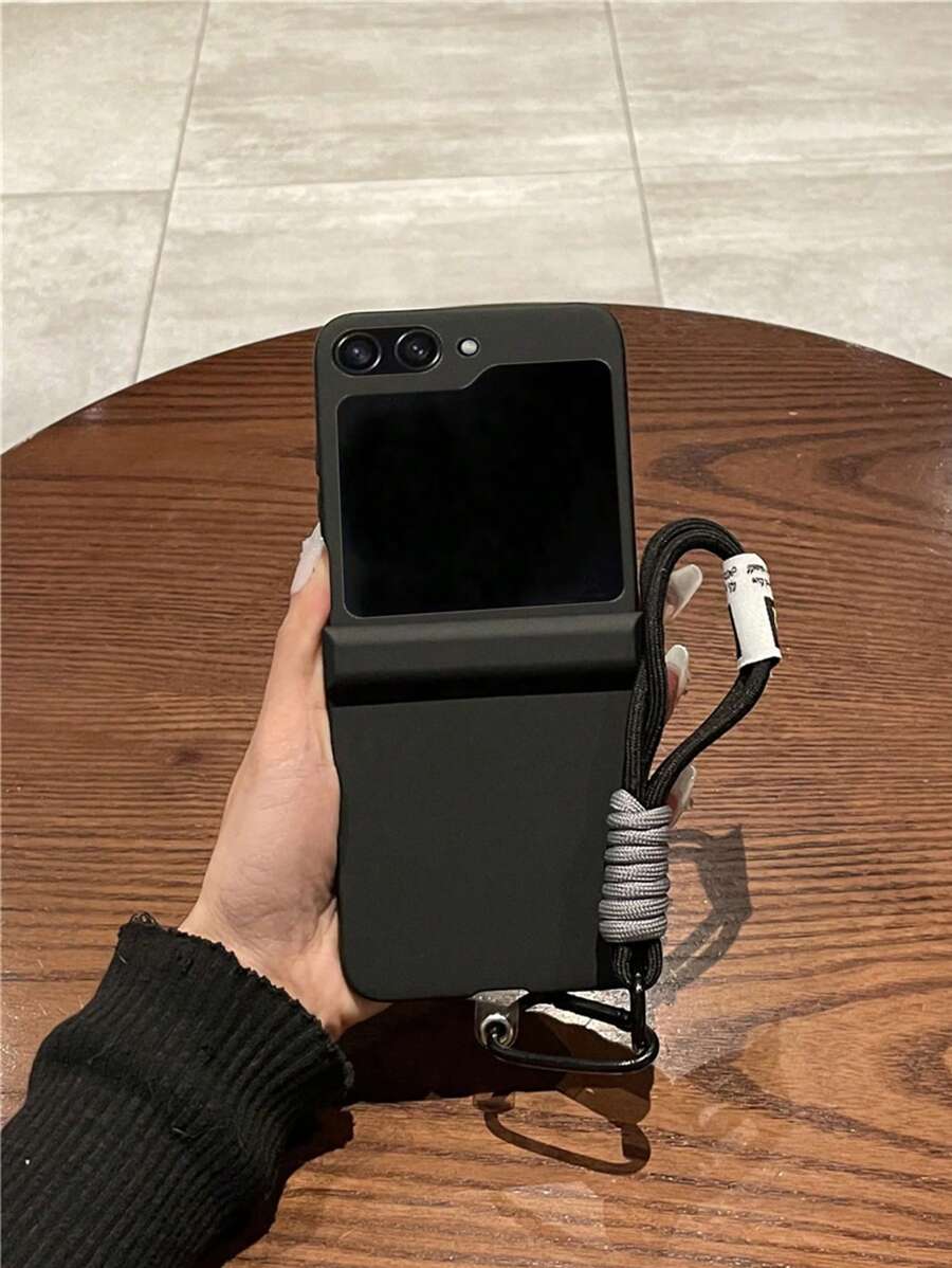 奢华黑色光滑手机壳，带便携手绳，适用于三星 Galaxy Z Flip 5 6 Z Flip6 ZFlip 5 Zflip6 Zflip7 Flip4 Flip3 保护套，手机壳 - 黑色 - 查看 1
