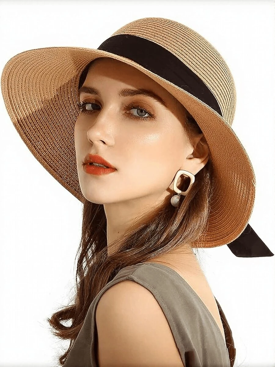 1pc Women's Wide Brim Sun Hat With Black Woven Band, Fashionable Straw Hat For Beach - Hat - View 1