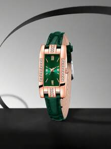 9PCS Green Fashion Women's Watch Set Luxury Versatile Rectangular Dial Quartz Watch Bracelet Necklace Earrings Set Suitable For Daily Clothing Matching Or Holiday Gifts