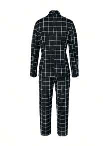 Women's Elegant Plaid Long Sleeve Blazer Jacket And Pants Suit Set