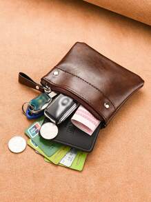 PU Leather Short Wallet, Solid Color Coin Purse, Mini Zipper Card Coin Holder For Students