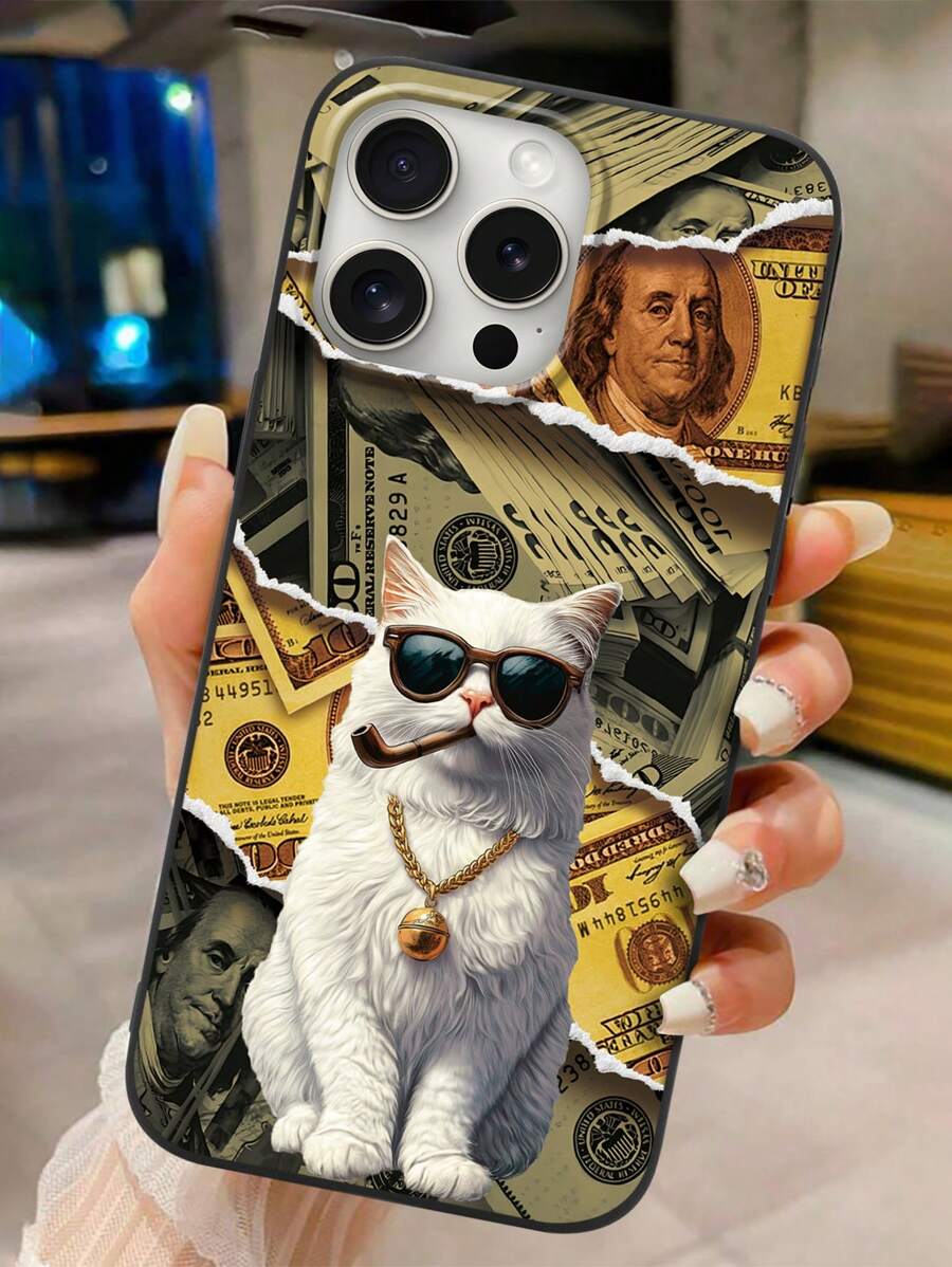 1pc Cool Cat Dollar Sign Pattern Black Phone Case Compatible With Samsung, Compatible With IPhone 16, 13, 15, 15 Pro, 14 Pro, 14 Plus, 7/8 Plus, 11, 12 Pro Max, 13, 14 Pro Max