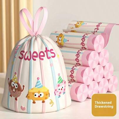 1 Roll (60pcs) Cute Cartoon Drawstring Trash Bags, Leak-Proof, Hand-Held Sealed Garbage/Shredder Garbage Bags, Household Trash Management | Cartoon Character Design | Roll Bags, Tear-Free Cute Practical Trash Bags