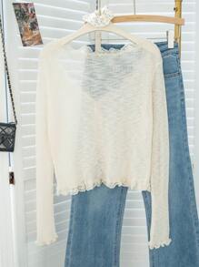 Apricot Lace Trim V-Neck Ruffle Edge Sheer Knit Thin Cover Up Sweater, Lightweight Outerwear Suitable For Home, Commute, Outdoor Wear, Autumn/Winter