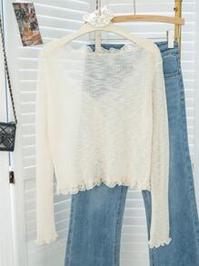 Women's Blue Lace Trim V-Neck Cover Up, Cute Back To School Summer Shawl Lightweight Outerwear