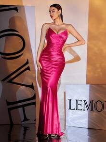 露肩露背长款晚礼服，紫红色，正式，派对礼服，适合婚礼宾客 - 玫紅色 - 查看 4