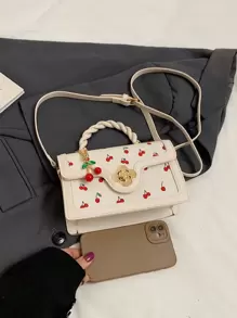 时尚高端 Pu 手提包，具有多功能方形和可爱的樱桃印花，非常适合女孩购物、约会或斜挎。 - 白色 - 查看 3