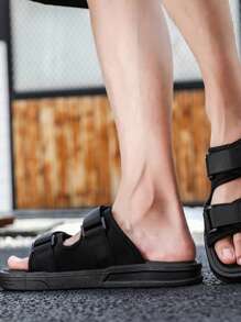 男士一脚蹬夏季凉鞋防滑耐磨透气户外拖鞋系带时尚简约厚底软底沙滩凉鞋 - 黑色 - 查看 6