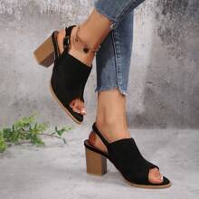 Women's Black Chunky Heel Square Toe Strap Fishmouth Platform Sandals, Versatile And Height-Increasing