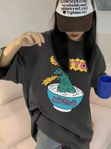 女士休闲宽松卡通人物日式印花短袖T恤，夏季 - 深灰色 - 查看 3