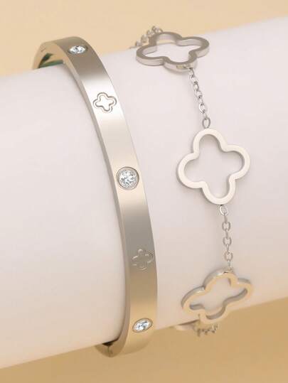 2pcs Fashionable Luxury Four-Leaf Clover Nail Bangle Bracelets Set, Stainless Steel Versatile Ladies Accessory, Suitable For Daily Wear And Gift