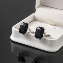 1 par de gemelos de estilo empresarial casual y elegante con diseño geométrico de vidrio para hombres, adecuados para novio y padrinos, camisa de traje, regalo para el Día del Padre y la temporada de bodas (sin caja de regalo) - Plateado - Ver 5