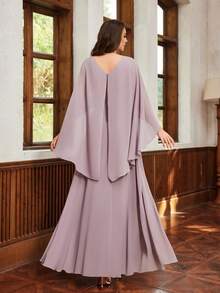 Embroidered Women's Chiffon Long Robe Dress With Short Sleeves, Casual And Simple,Party Dress,Gown,Formal,Evening,Wedding Guest - Dusty Pink - View 3