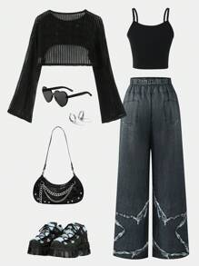 3 件套青少年女孩时尚优雅镂空轻便夹克、印花字母吊带背心、阔腿裤、春夏 - 彩色 - 查看 2