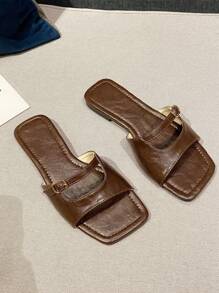 Zapatos de tacón plano tipo 'slip-on' con puntera cuadrada minimalista, acabado lacado con adorno de hebilla metálica, zapatos casuales chic para la oficina y el uso diario para mujeres