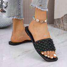 Women's Elegant Comfortable Casual Crystal Decor Flat Slip-On Fashion Sandals - Black - View 5