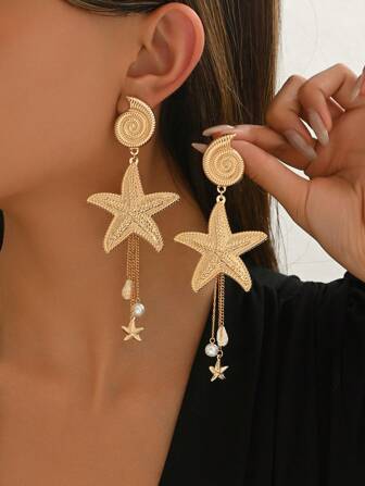 1 对时尚波西米亚海洋海滩贝壳、海螺、人造珍珠、海星形状吊坠耳环，夸张的金属设计，适合日常、街头、海滩派对佩戴
