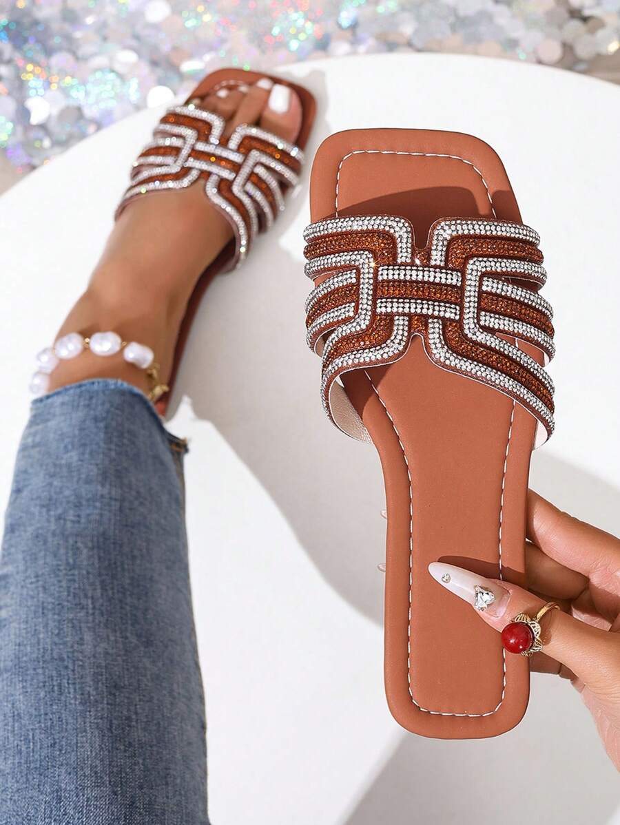 Dép xỏ ngón đế bằng sang trọng đính đá Rhinestone dành cho nữ, Dép đi ngoài trời quai ngang thời trang, Dép đi biển mũi tròn đế thấp thoải mái, Phù hợp cho mùa xuân/hè - màu nâu - Xem 1