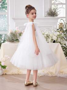 Young Girl Bowknot Lace Trim White Dress Elegant Princess Tulle Dress, Suitable As Birthday Gift, Flowergirl, Wedding, Banquet, Party, Celebration Outfit For Girls - White - View 6