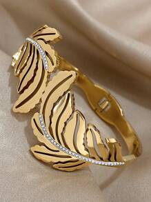 1 pièce Bracelet épais ajouré en forme de feuille pour femmes, bracelet jonc doré en acier inoxydable. Bracelets pour usage quotidien, fête, anniversaire, Noël, cadeaux de bijoux - Multicolore - Voir 5