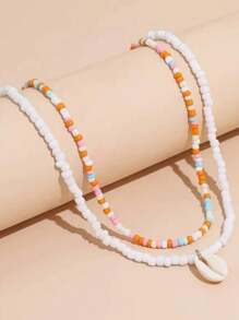 2 Stücke Bohemian Millefiori Perlen- und Muschelanhaenger Halskette, Strand Stil Schlüsselbein Kette für Frauen. Geeignet als Festival- oder Geburtstagsgeschenk für Ehefrau oder Freundin.