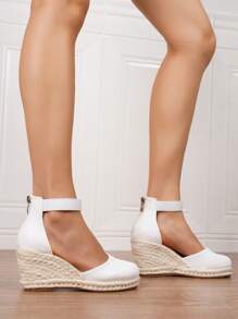 女士简约踝带帆布鞋，度假松紧带，后拉链，仿皮圆头镂空金属扣白色草编厚底坡跟凉鞋 - 白色 - 查看 5