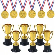 12 件金色塑料冠军奖牌，带绑带和奖杯，适用于运动会、游戏、生日、毕业典礼、派对、母亲节、元旦、父亲节课堂 - 彩色 - 查看 2