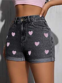 Women's High Waist Heart Embroidered Denim Shorts, Rolled Hem, Cute & Versatile, Suitable For School, Vacation, Festivals, Spring/Summer, Dance Parties - Black - View 2